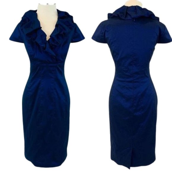 ADRIANNA PAPELL IRIDESCENT BLUE SHEATH DRESS RUFFLE COLLAR SIZE 8 Petite Holiday - Picture 1 of 1